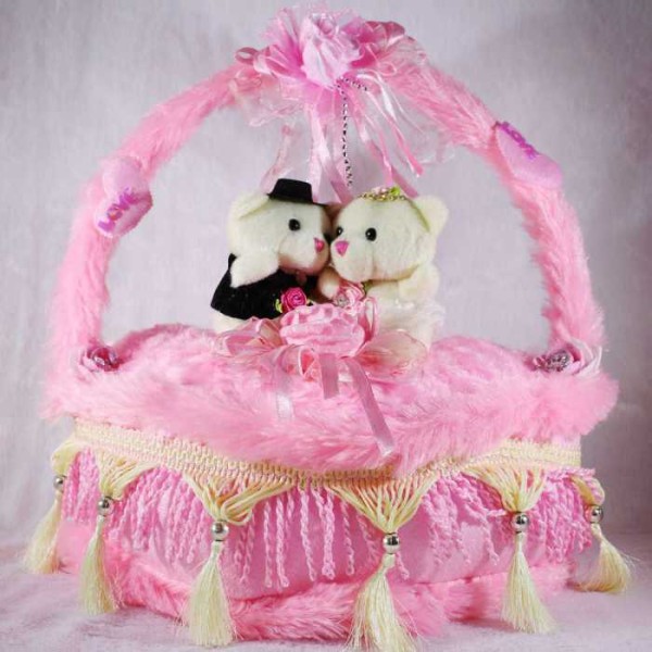 Beautiful Pink Valentine Decorated Heart Cake Plush Cushion with Love Couple Teddy Bears
